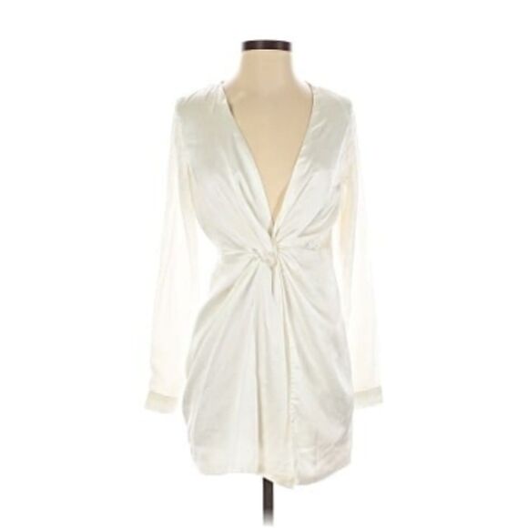 Fashion Nova Dresses & Skirts - Fashion Nova silky white satin mini dress plunge neckline long sleeve size XS
